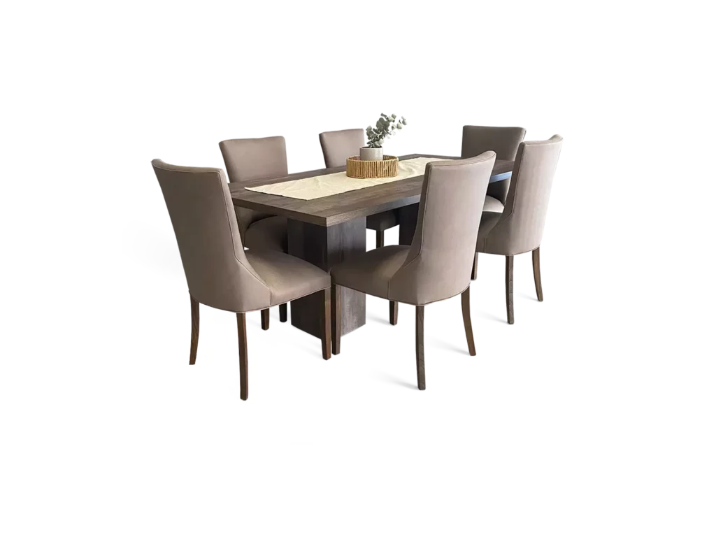 comedor con una mesa malta con 6 sillas con un estilo diseño moderno y elegante vista tres cuartos abugar sillones