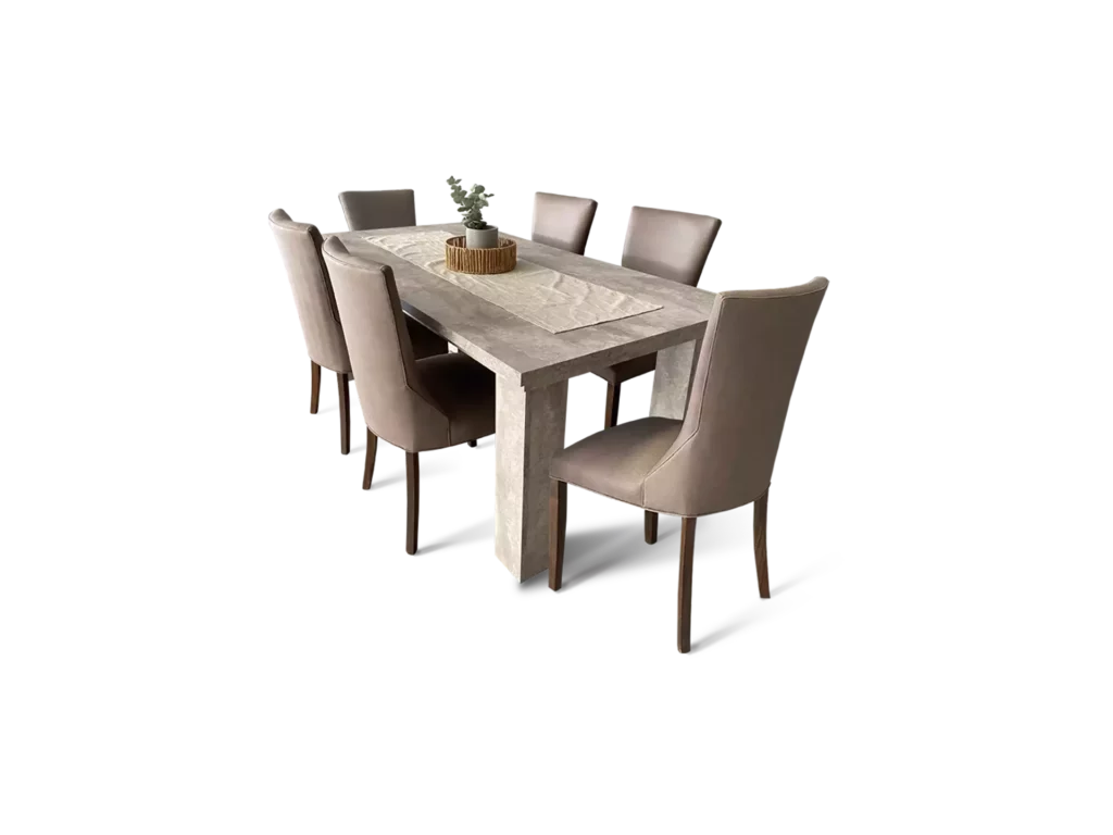 comedor con una mesa venecia con 6 sillas con un estilo diseño moderno y elegante vista tres cuartos abugar sillones