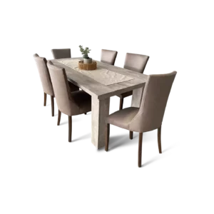comedor con una mesa venecia con 6 sillas con un estilo diseño moderno y elegante vista tres cuartos abugar sillones