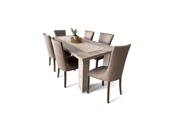 comedor con una mesa venecia con 6 sillas con un estilo diseño moderno y elegante vista tres cuartos abugar sillones