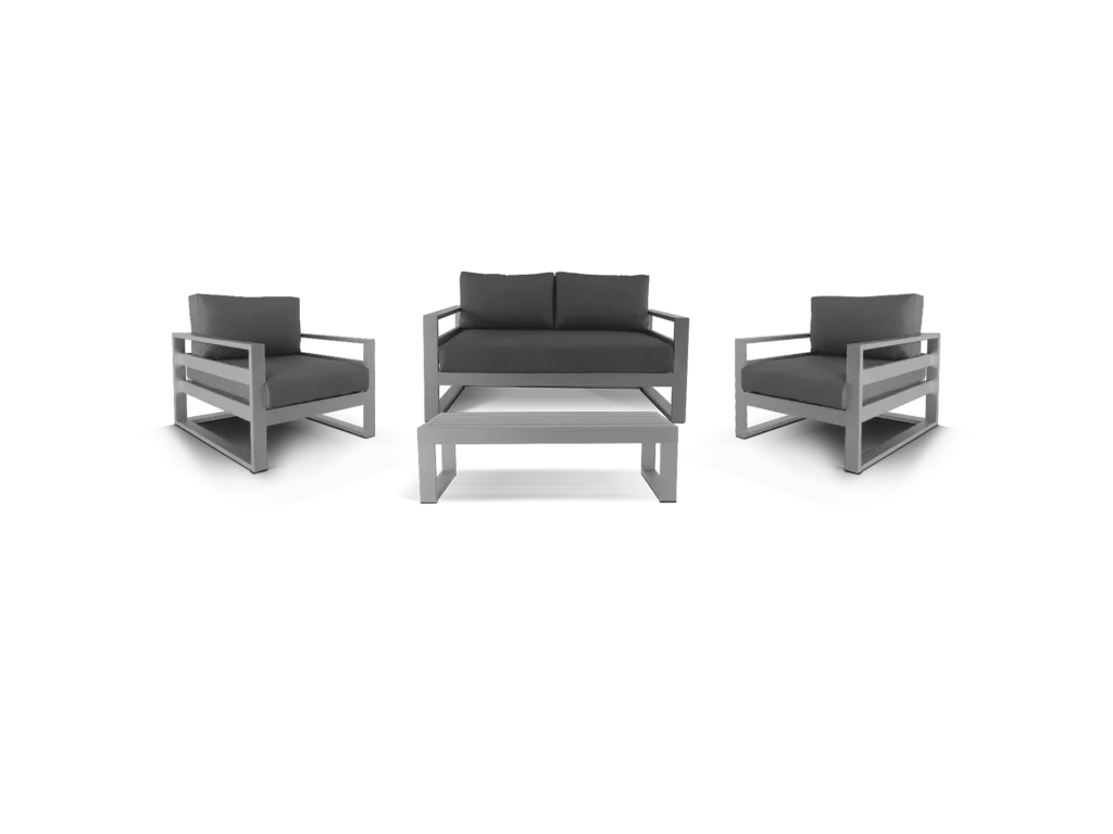combo creta sillones abugar 2 sillones individuales sofa de 3 cuerpos y mesa ratona maldivas en combo minimalista y elegante comodo y sofisticado de aluminio linea exterior