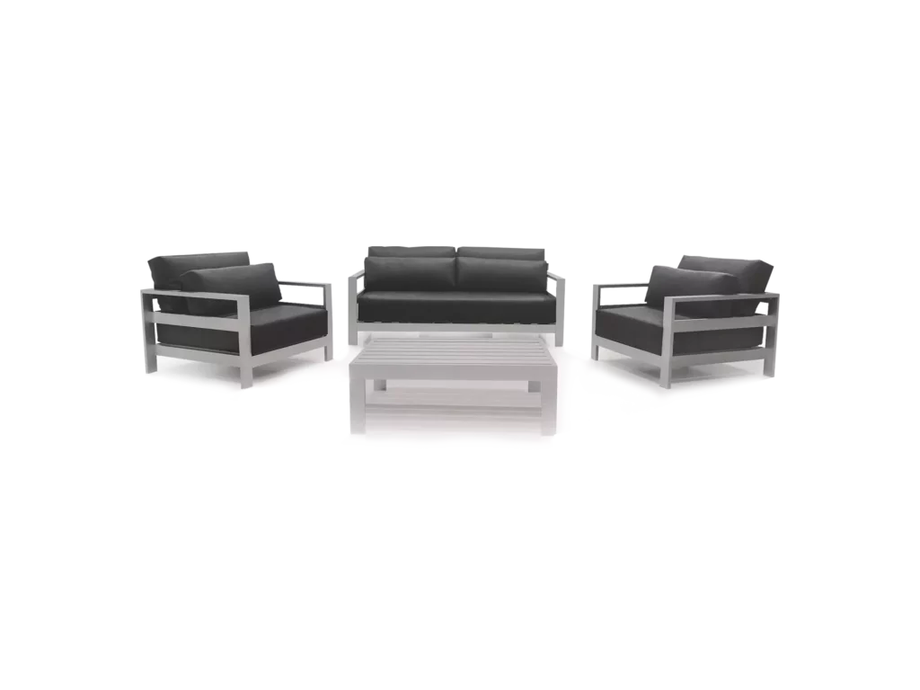 combo maldivas sillones abugar 2 sillones individuales sofa de 3 cuerpos y mesa ratona maldivas en combo minimalista y elegante de aluminio linea exterior