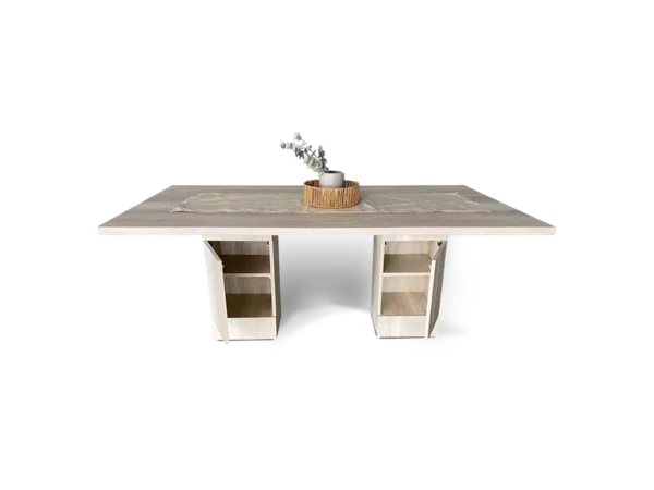 mesa malta moderna y elegante con 2 patas con area de almacenamiento con sus puertas abiertas abugar sillones