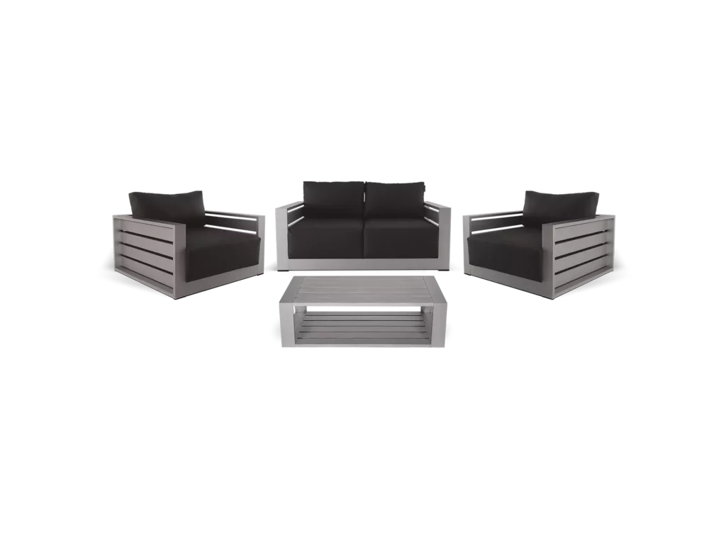combo milo sillones abugar 2 sillones individuales sofa de 3 cuerpos y mesa ratona maldivas en combo minimalista y elegante comodo y sofisticado de aluminio linea exterior