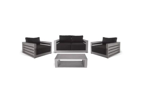 combo milo sillones abugar 2 sillones individuales sofa de 3 cuerpos y mesa ratona maldivas en combo minimalista y elegante comodo y sofisticado de aluminio linea exterior