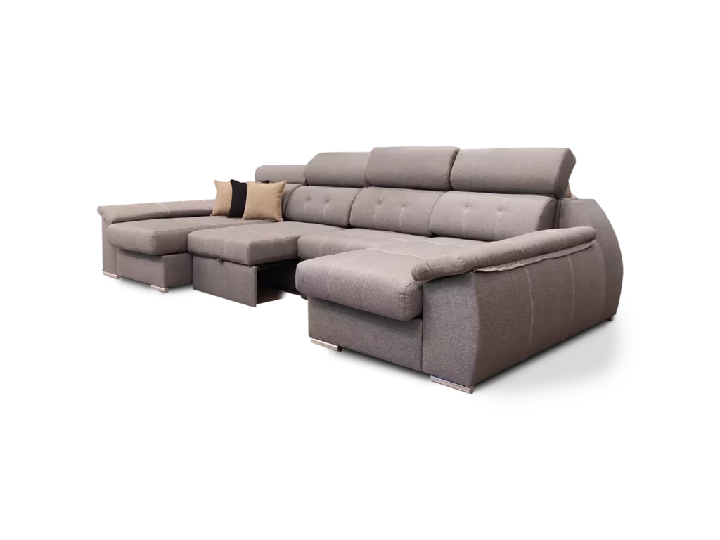 sofa olympo 4 modulos 3 cuerpos doble chaise longue abugar con asientos extensibles y apoya cabezas de 7 posiciones con luces led personalizables y parlantes bluetooth