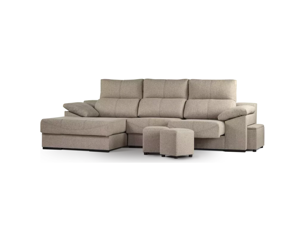 sofa galaxy 3 modulos con chaise longue abugar con asientos extensibles y apoya cabeza con 5 posiciones con dos puff y baulero