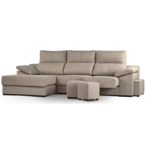 sofa galaxy 3 modulos con chaise longue abugar con asientos extensibles y apoya cabeza con 5 posiciones con dos puff y baulero