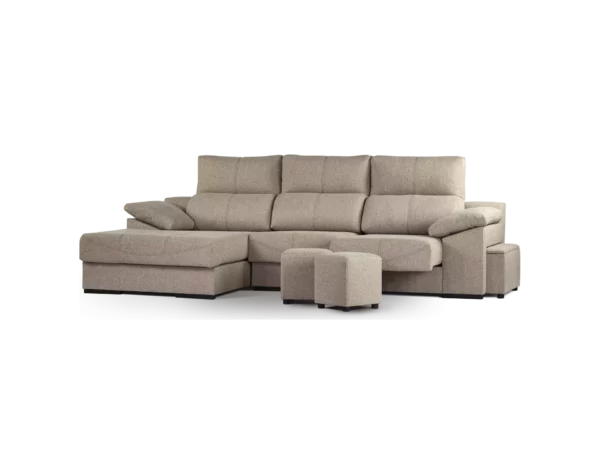 sofa galaxy 3 modulos con chaise longue abugar con asientos extensibles y apoya cabeza con 5 posiciones con dos puff y baulero