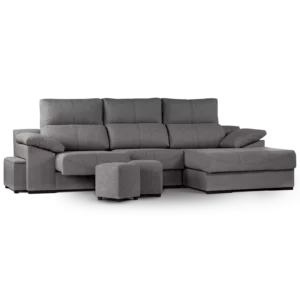 sofa galaxy 2 modulos con chaise longue abugar con asientos extensibles y apoya cabeza con 5 posiciones con dos puff y baulero