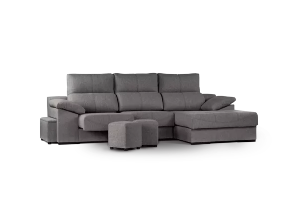 sofa galaxy 2 modulos con chaise longue abugar con asientos extensibles y apoya cabeza con 5 posiciones con dos puff y baulero