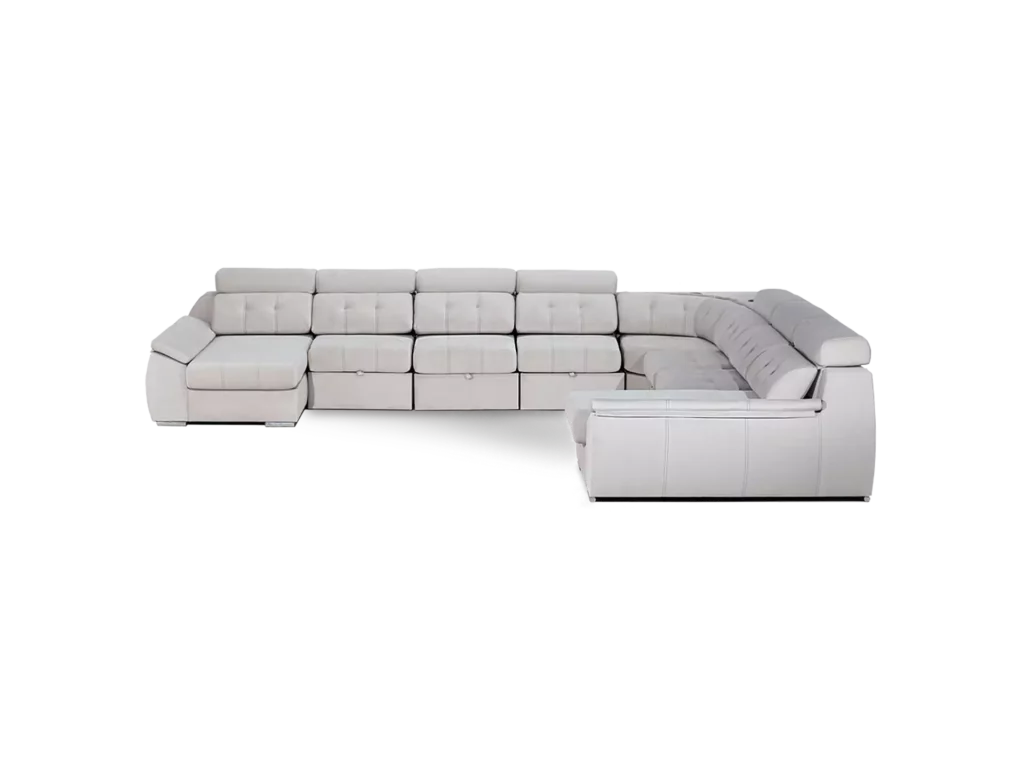 sofa olympo con modulos personalizados con o sin chaise longue abugar con asientos extensibles y apoya cabezas de 7 posiciones con luces led personalizables y parlantes bluetooth
