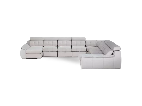 sofa olympo con modulos personalizados con o sin chaise longue abugar con asientos extensibles y apoya cabezas de 7 posiciones con luces led personalizables y parlantes bluetooth