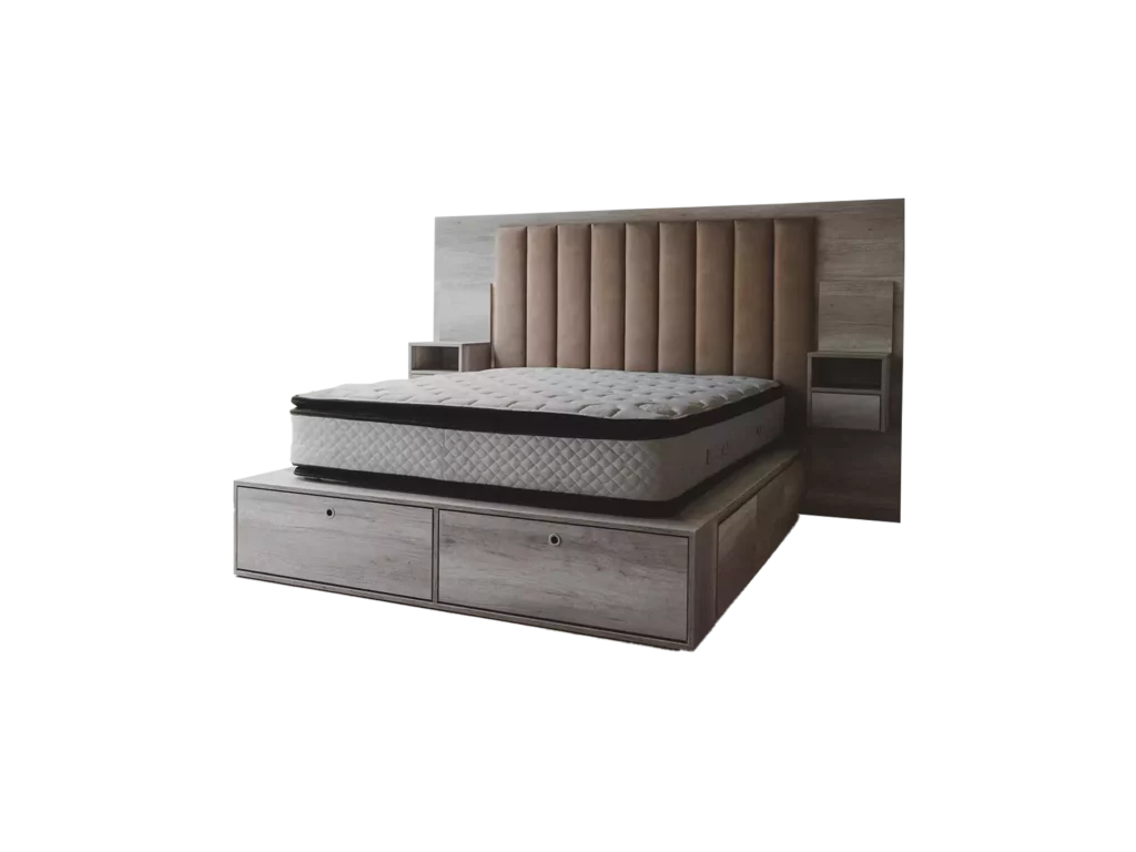 Cama box abugar con espacio de guardado en ambos lados de la cama con dos amplios zapateros con dos mesas de luz y con un hermoso respaldo