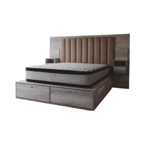 Cama box abugar con espacio de guardado en ambos lados de la cama con dos amplios zapateros con dos mesas de luz y con un hermoso respaldo