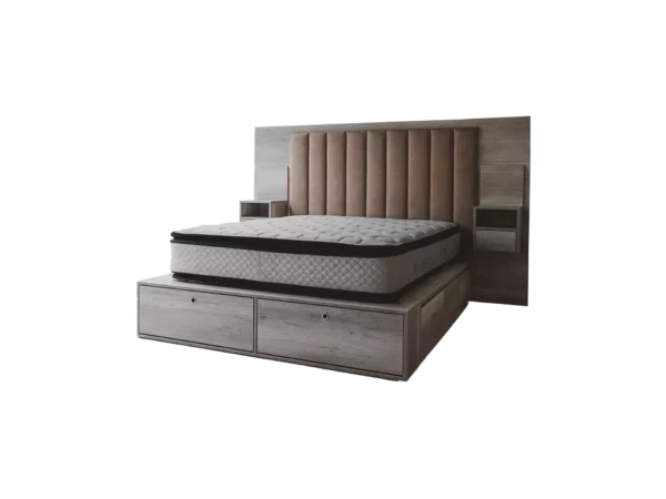 Cama box abugar con espacio de guardado en ambos lados de la cama con dos amplios zapateros con dos mesas de luz y con un hermoso respaldo