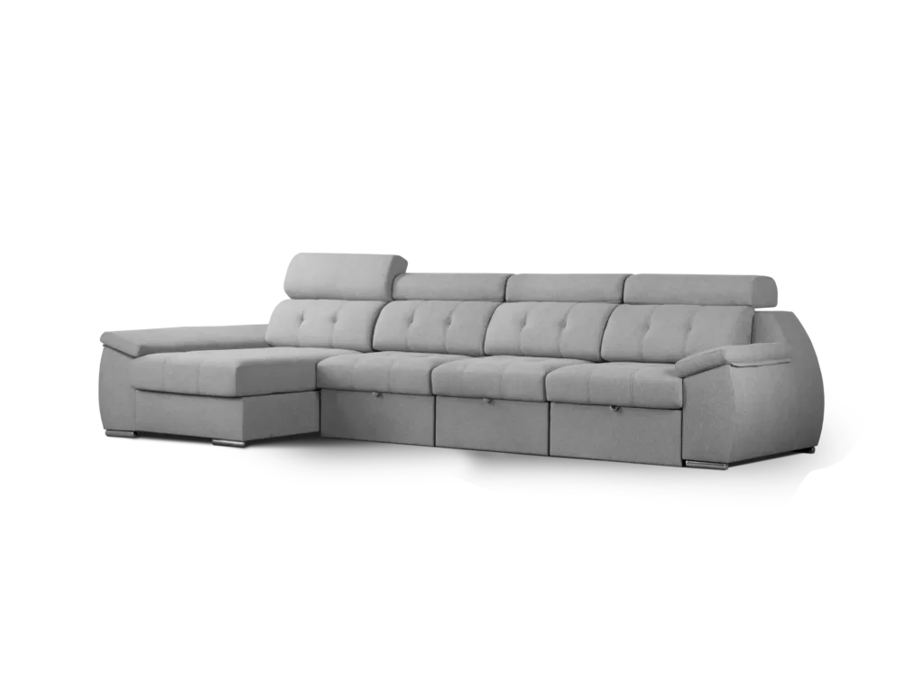 sofa olympo 4 modulos con chaise longue abugar con asientos extensibles y apoya cabezas de 7 posiciones con luces led personalizables y parlantes bluetooth